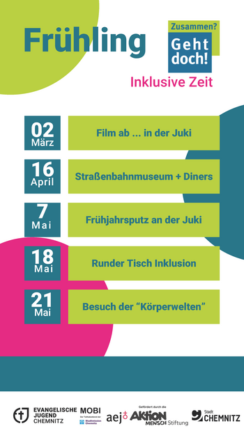 Flyer „Inklusive Zeit“ Frühling 2026: 2. März Film in der Juki, 16. April Straßenbahnmuseum und Diners, 7. Mai Frühjahrsputz, 18. Mai Runder Tisch Inklusion, 21. Mai Körperwelten.