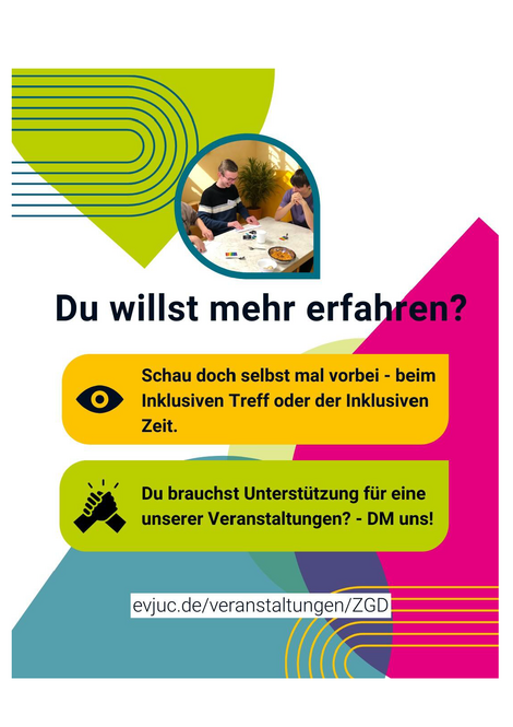Flyer „Zusammen? Geht doch!“, Seite 3: „Du willst mehr erfahren? Schau doch selbst mal vorbei“ – beim Inklusiven Treff oder der Inklusiven Zeit. Foto: zwei Personen am Tisch.